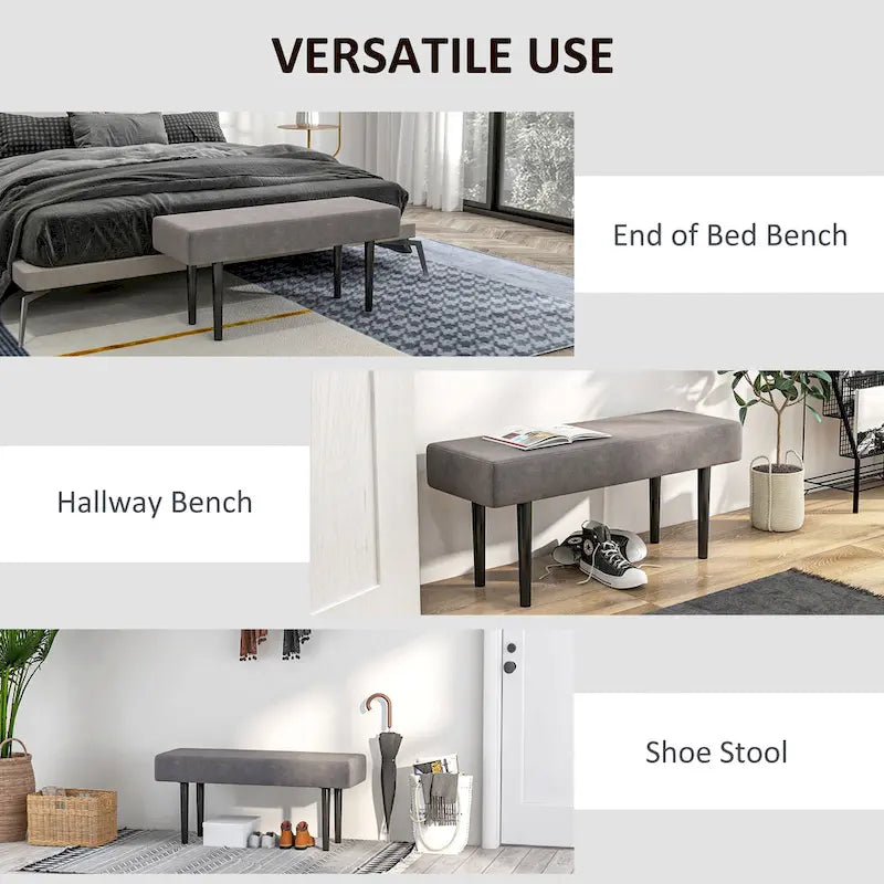 Banc de lit HOMCOM 39, banc d'entrée rembourré avec pieds en acier, banc de chambre, gris