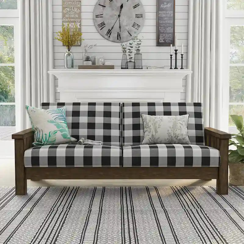 Canapé Jimo Farmhouse Rustic Oak avec accoudoirs en bois et revêtement en tissu, par Furniture of America