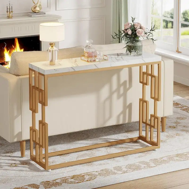 Console, table d'appoint moderne en faux marbre blanc pour salon