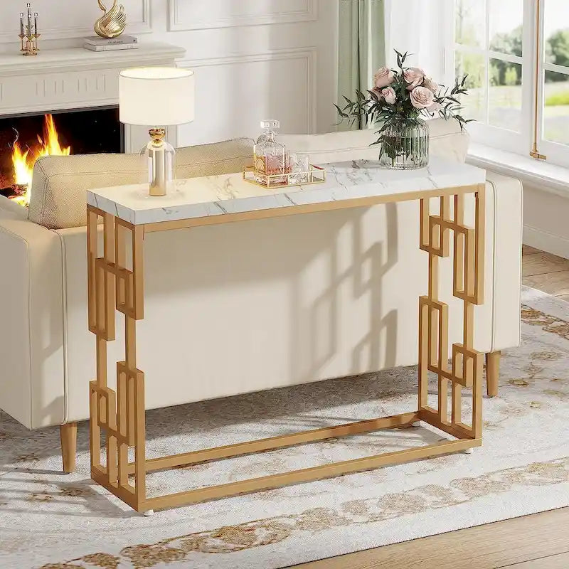Console, table d'appoint moderne en faux marbre blanc pour salon