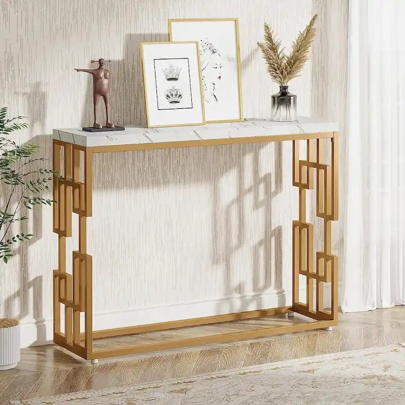 Console, table d'appoint moderne en faux marbre blanc pour salon