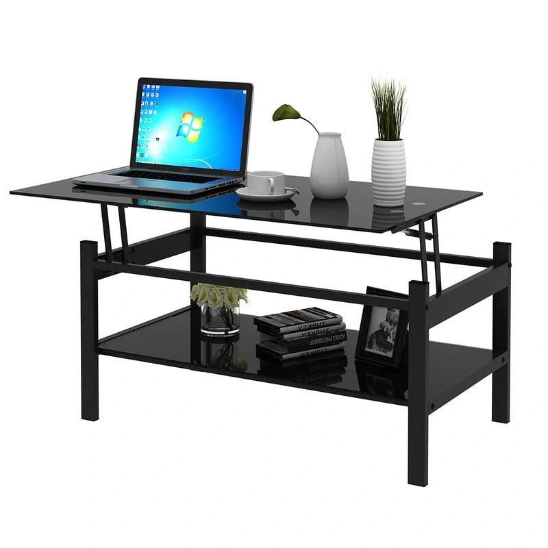 Table basse en verre relevable avec rangement pour salon ou bureau à domicile