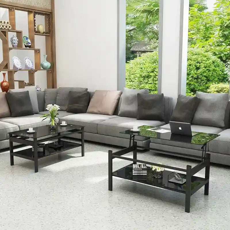 Table basse en verre relevable avec rangement pour salon ou bureau à domicile