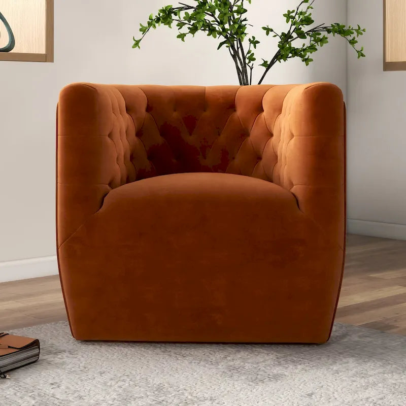Fauteuil pivotant Luxor Mid-Century Modern en velours orange brûlé confortable