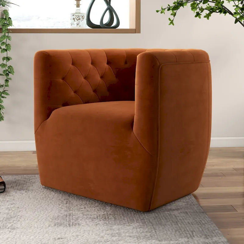 Fauteuil pivotant Luxor Mid-Century Modern en velours orange brûlé confortable
