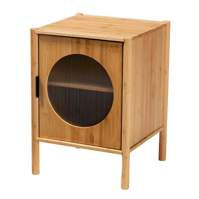 Table d'appoint Naresh de style transitionnel moderne du milieu du siècle, en bois de bambou brun naturel, à une porte