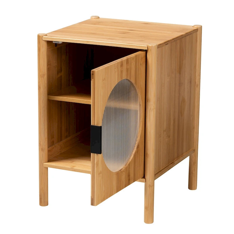 Table d'appoint Naresh de style transitionnel moderne du milieu du siècle, en bois de bambou brun naturel, à une porte