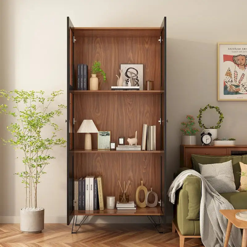 Buffet avec porte en verre acrylique et meuble de rangement en bois et métal