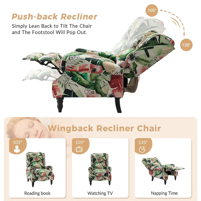 Ensemble de 2 fauteuils inclinables manuels Olympus à oreilles, capitonnés, avec pieds en bois massif, par HULALA HOME