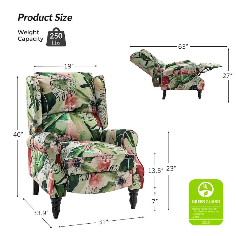 Ensemble de 2 fauteuils inclinables manuels Olympus à oreilles, capitonnés, avec pieds en bois massif, par HULALA HOME