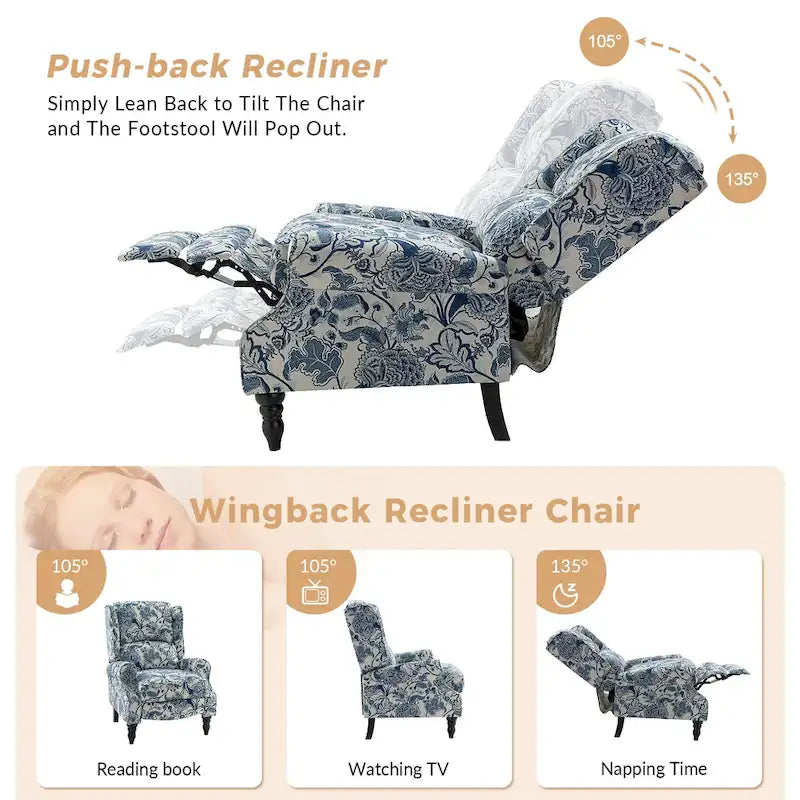 Ensemble de 2 fauteuils inclinables manuels Olympus à oreilles, capitonnés, avec pieds en bois massif, par HULALA HOME