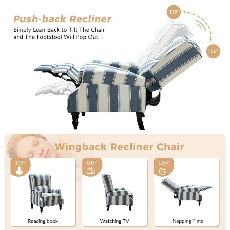 Ensemble de 2 fauteuils inclinables manuels Olympus à oreilles, capitonnés, avec pieds en bois massif, par HULALA HOME