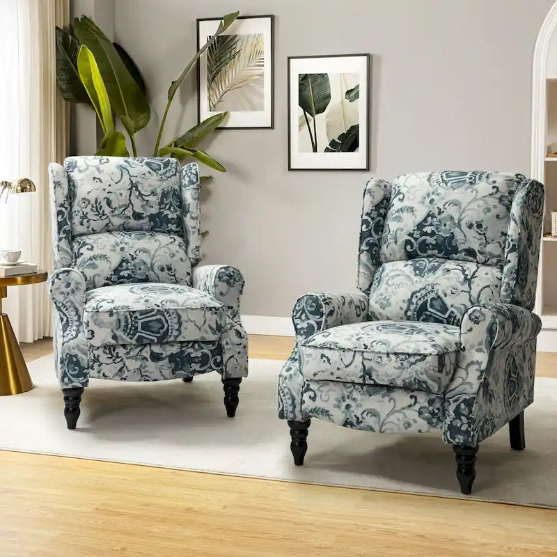 Ensemble de 2 fauteuils inclinables manuels Olympus à oreilles, capitonnés, avec pieds en bois massif, par HULALA HOME