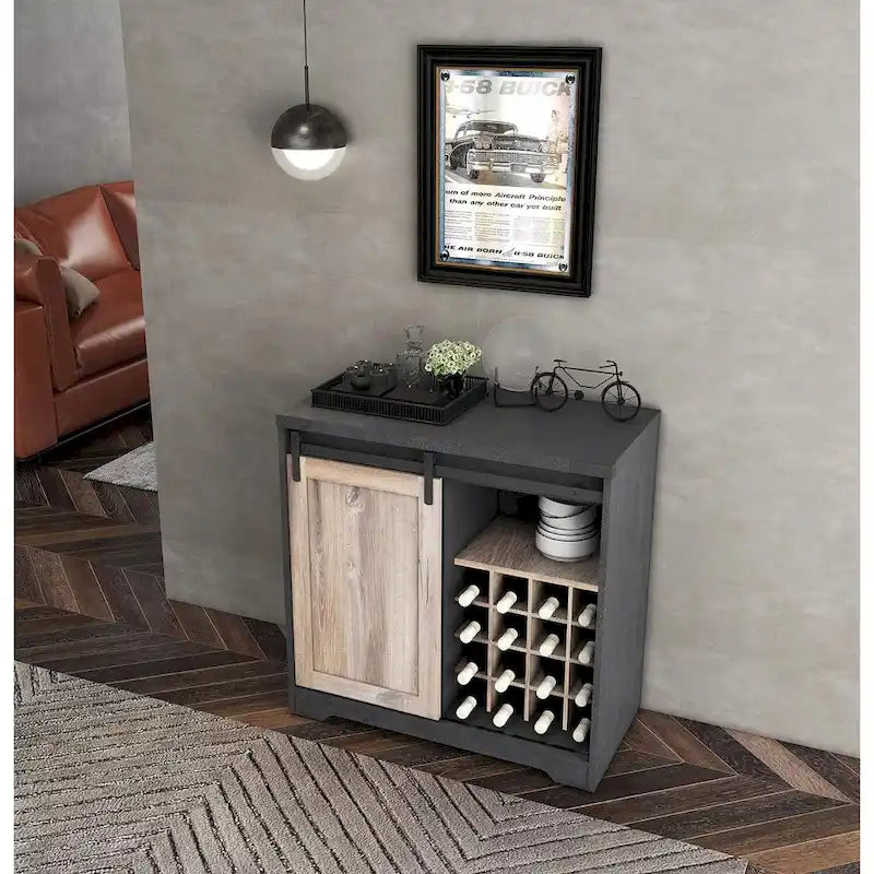 Meuble bar à café avec porte coulissante de style grange, buffet industriel avec rangement pour bouteilles de vin