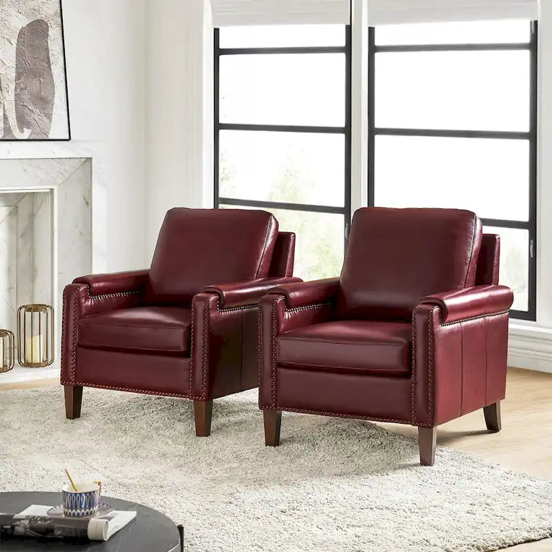 Kunz Transitional Genuine Leather Armchair with Removable Cushion and Nailhead Trims Set of 2 by HULALA HOME