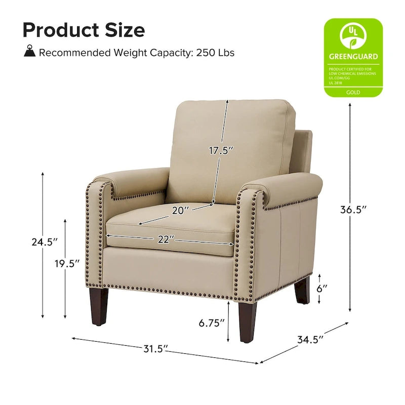 Fauteuil Kunz transitionnel en cuir véritable avec coussin amovible et garnitures cloutées, ensemble de 2 par HULALA HOME