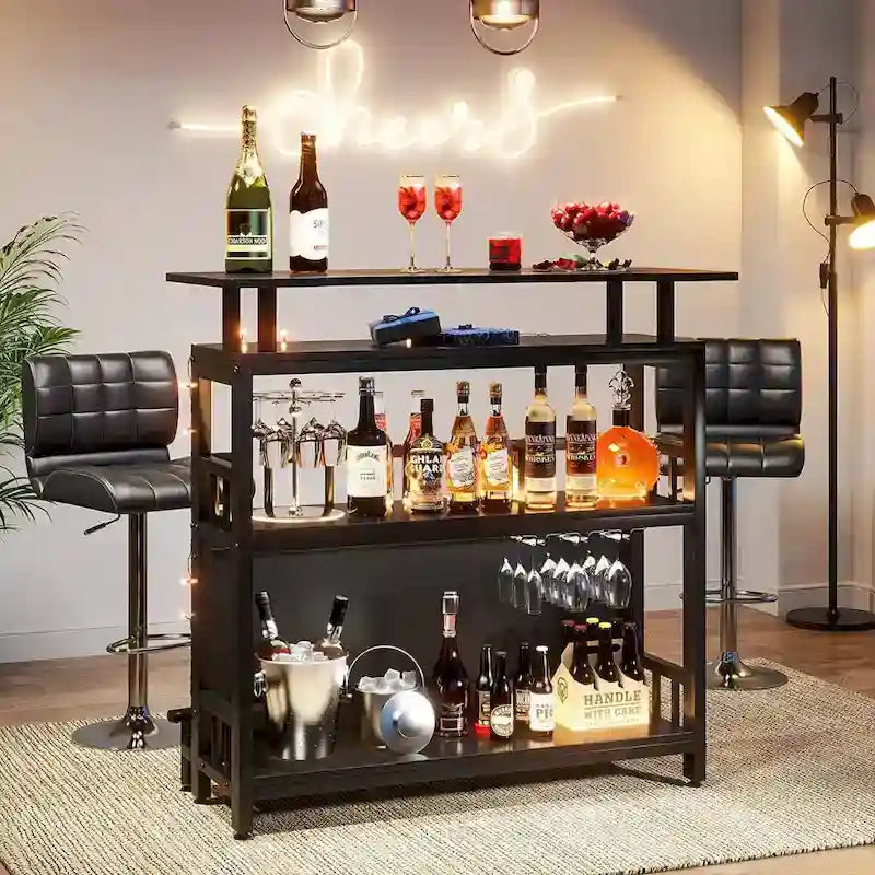 Meuble bar avec comptoir et étagère de rangement rembourrée à l'avant, repose-pieds en métal pour la maison ou le sous-sol.