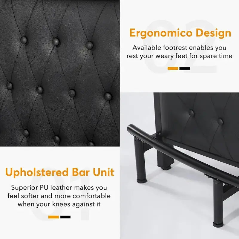 Meuble bar avec comptoir et étagère de rangement rembourrée à l'avant, repose-pieds en métal pour la maison ou le sous-sol.