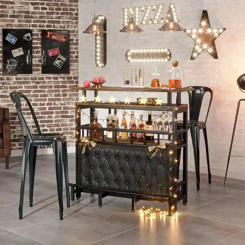 Meuble bar avec comptoir et étagère de rangement rembourrée à l'avant, repose-pieds en métal pour la maison ou le sous-sol.