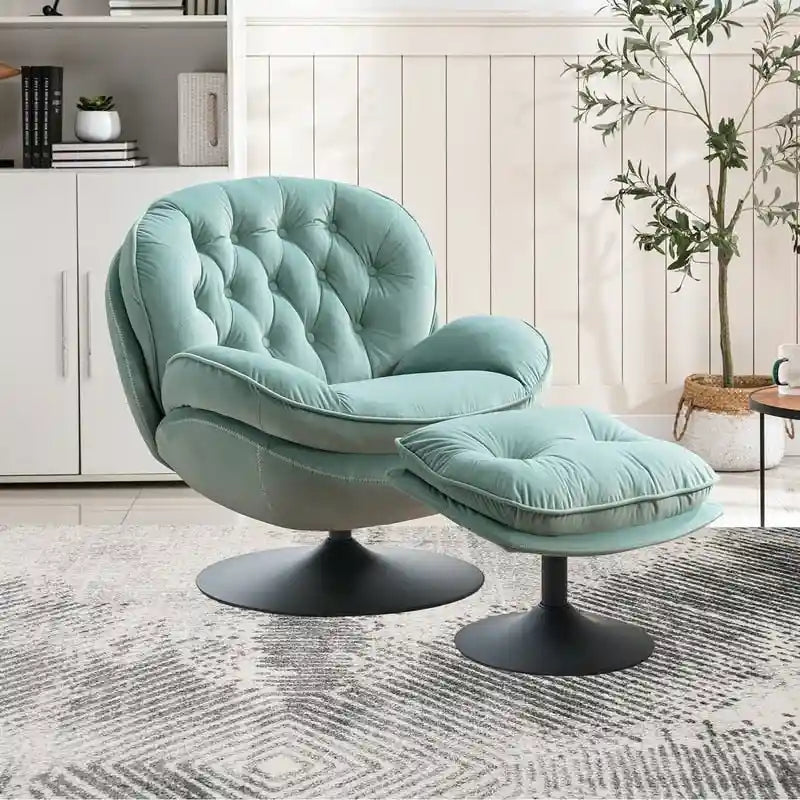 Fauteuil pivotant en velours avec repose-pieds, ensemble fauteuil de lecture rond, pivotant à 360°, structure en métal