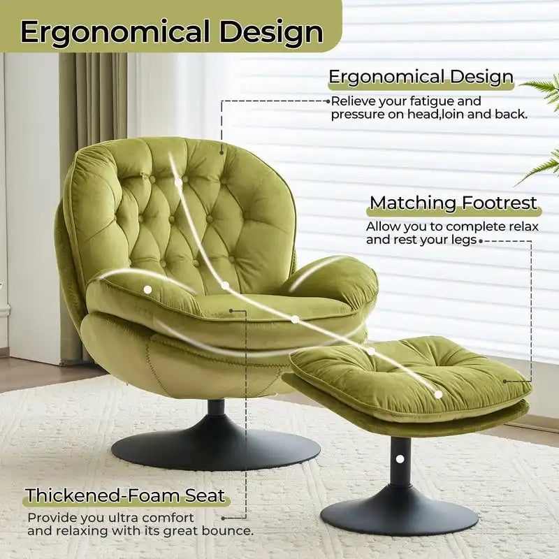 Fauteuil pivotant en velours avec repose-pieds, ensemble fauteuil de lecture rond, pivotant à 360°, structure en métal