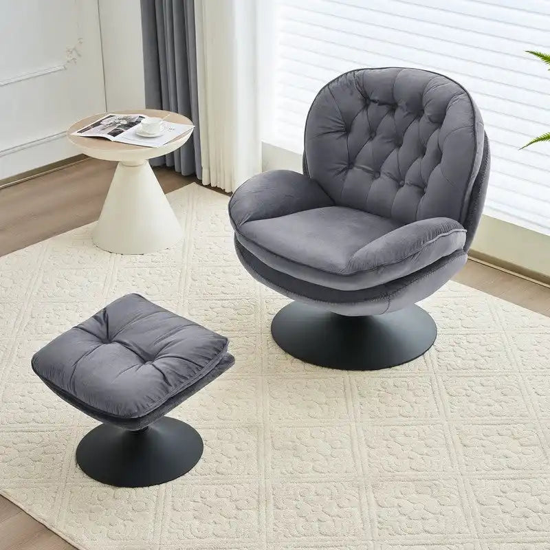 Fauteuil pivotant en velours avec repose-pieds, ensemble fauteuil de lecture rond, pivotant à 360°, structure en métal