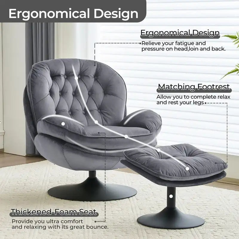 Fauteuil pivotant en velours avec repose-pieds, ensemble fauteuil de lecture rond, pivotant à 360°, structure en métal