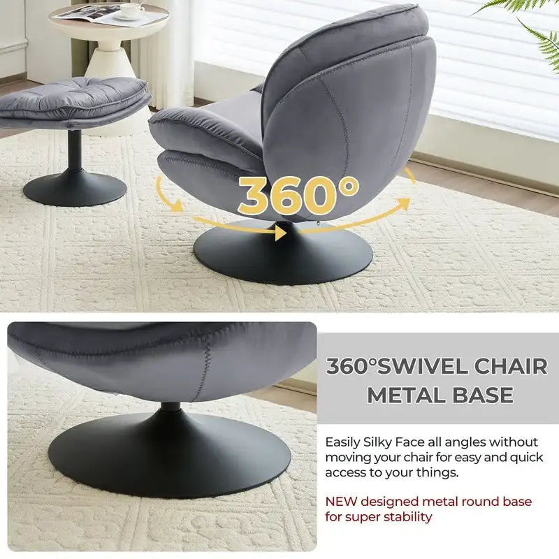 Fauteuil pivotant en velours avec repose-pieds, ensemble fauteuil de lecture rond, pivotant à 360°, structure en métal