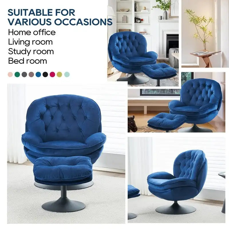 Fauteuil pivotant en velours avec repose-pieds, ensemble fauteuil de lecture rond, pivotant à 360°, structure en métal
