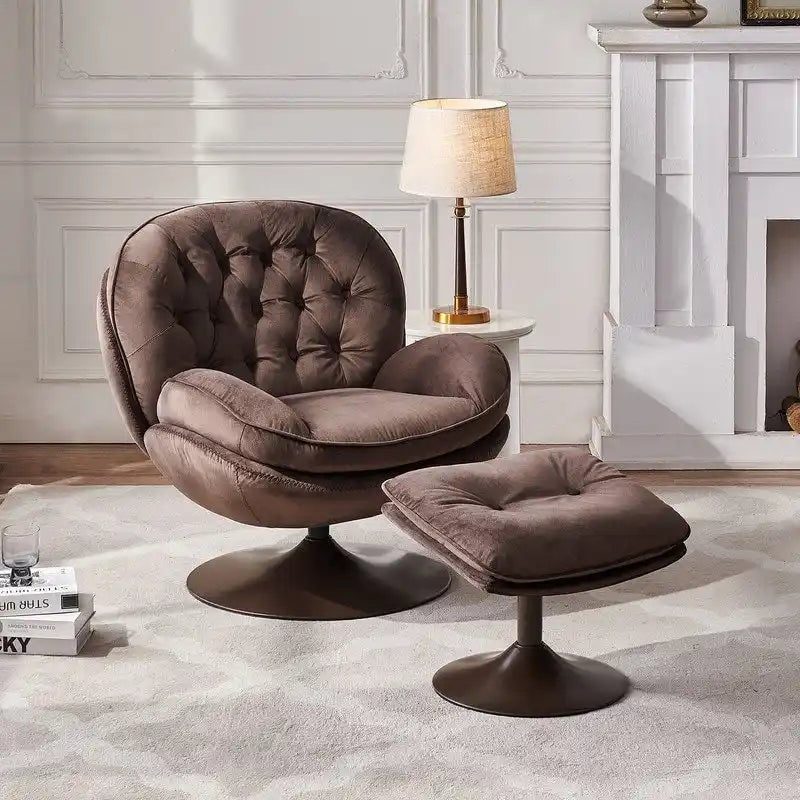 Fauteuil pivotant en velours avec repose-pieds, ensemble fauteuil de lecture rond, pivotant à 360°, structure en métal
