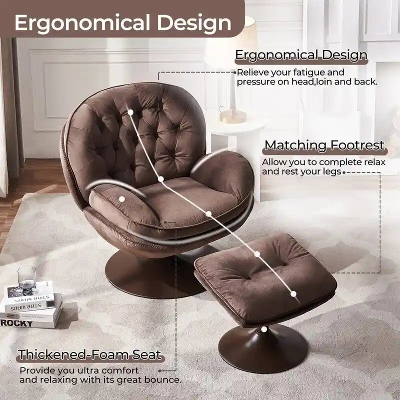 Fauteuil pivotant en velours avec repose-pieds, ensemble fauteuil de lecture rond, pivotant à 360°, structure en métal