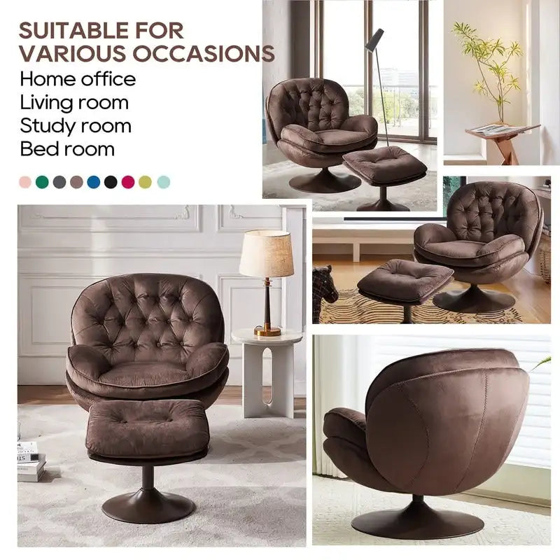 Fauteuil pivotant en velours avec repose-pieds, ensemble fauteuil de lecture rond, pivotant à 360°, structure en métal
