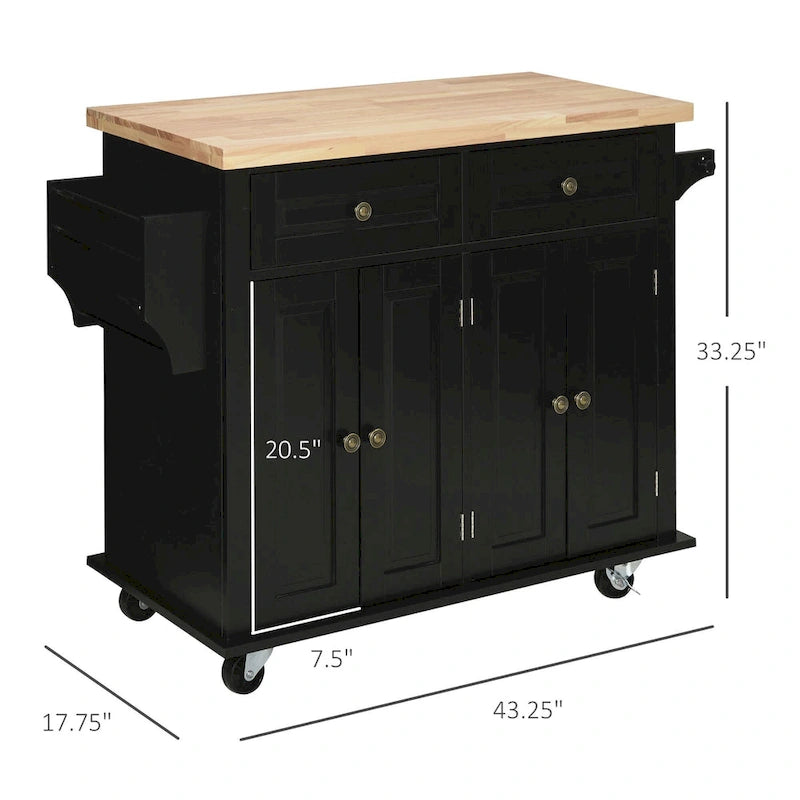 Chariot de cuisine roulant HOMCOM avec plateau en bois d'hévéa, étagère à épices, porte-serviettes et tiroirs pour salle à manger