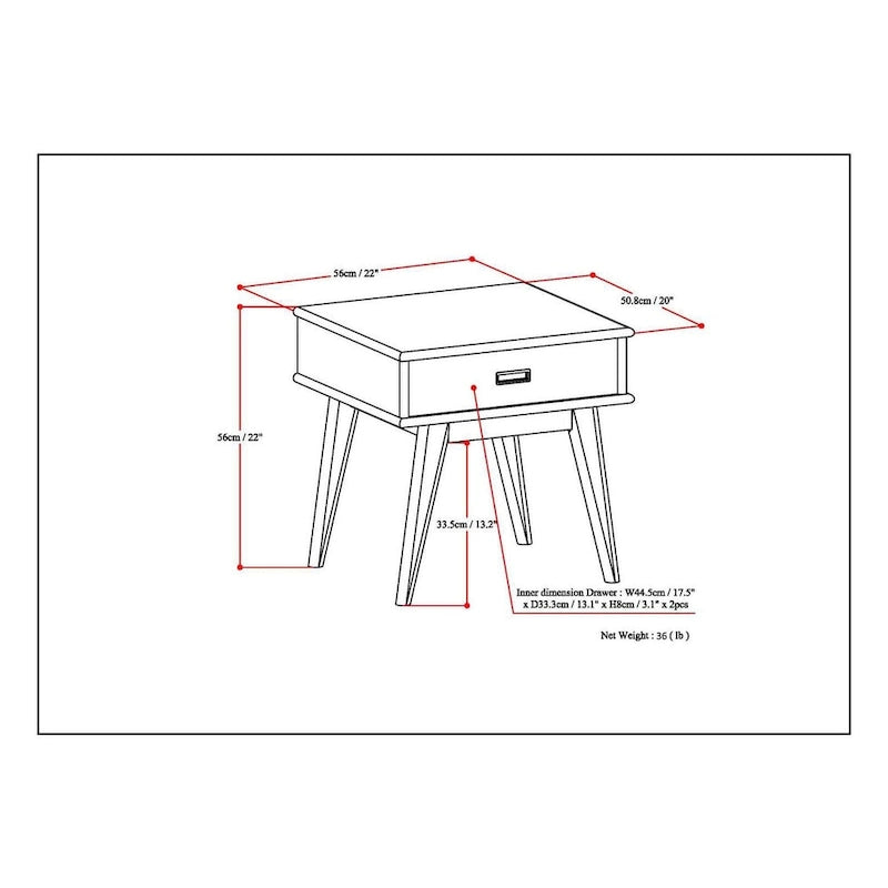 Table d'appoint rectangulaire WYNDENHALL Tierney en bois massif, style moderne du milieu du siècle, 56 cm de large - 56 cm L x 51 cm P x 56 cm H