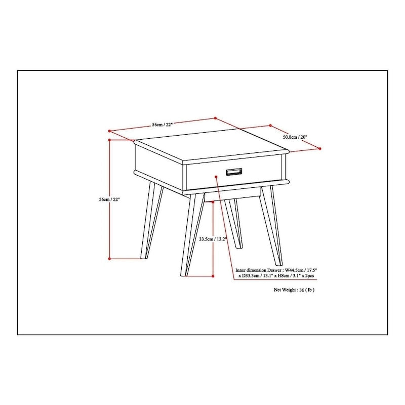 Table d'appoint rectangulaire WYNDENHALL Tierney en bois massif, style moderne du milieu du siècle, 56 cm de large - 56 cm L x 51 cm P x 56 cm H