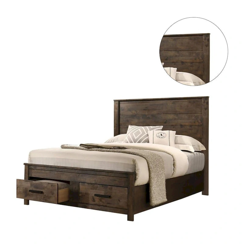 Lit King Size oriental en bois avec deux tiroirs au pied du lit, couleur brun doré