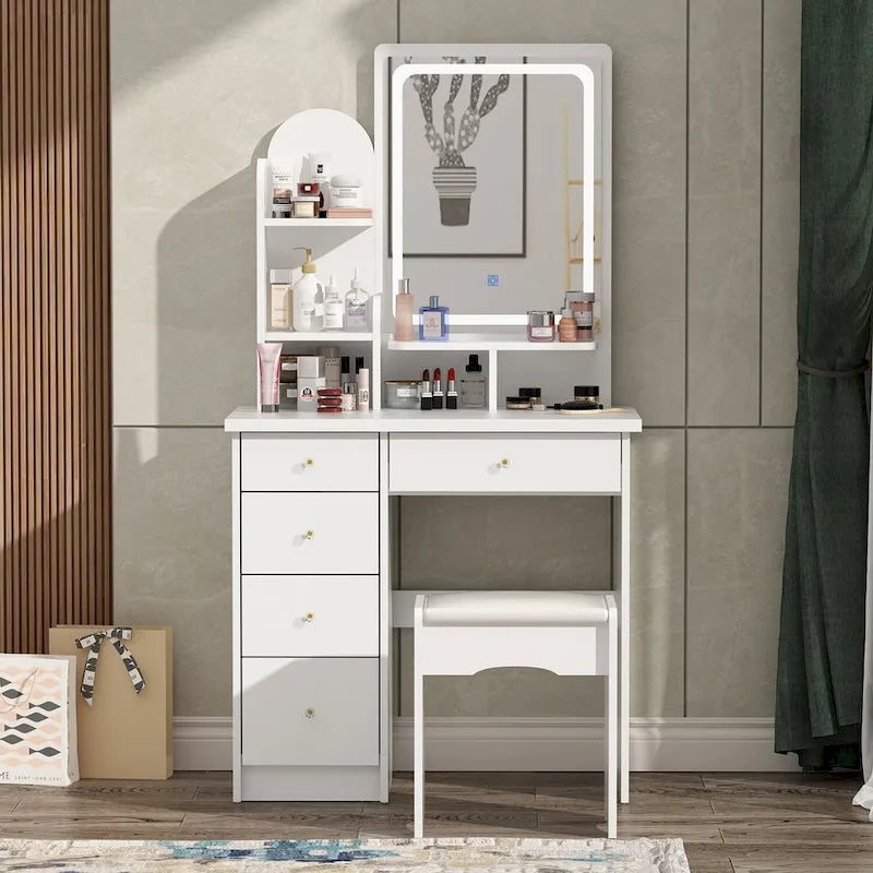 Makeup Vanity Set wi/Lighted Mirror, Storage Shelves and Drawers White - 31.5L x 15.7W x 55.1H