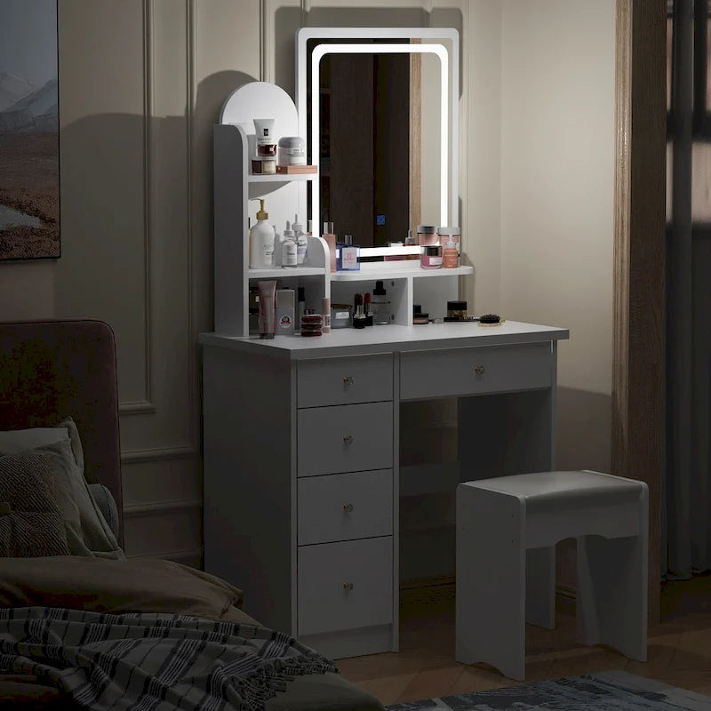 Ensemble coiffeuse avec miroir lumineux, étagères et tiroirs de rangement, blanc - 80 cm (L) x 40 cm (l) x 140 cm (H)