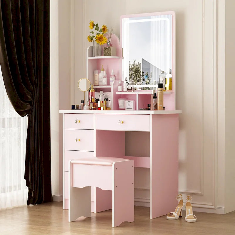 Ensemble coiffeuse avec miroir lumineux, étagères et tiroirs de rangement, blanc - 80 cm (L) x 40 cm (l) x 140 cm (H)