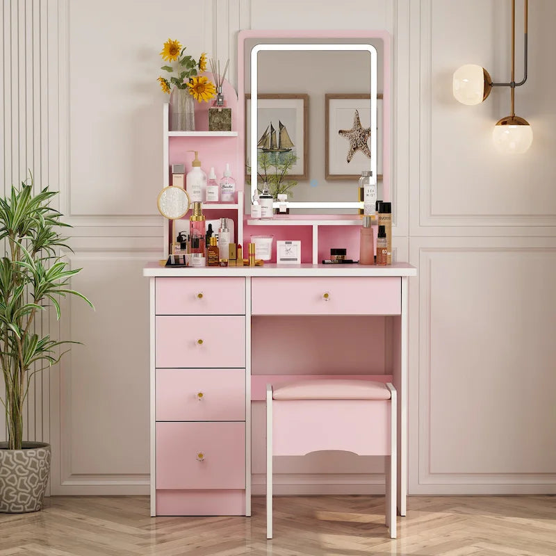 Ensemble coiffeuse avec miroir lumineux, étagères et tiroirs de rangement, blanc - 80 cm (L) x 40 cm (l) x 140 cm (H)