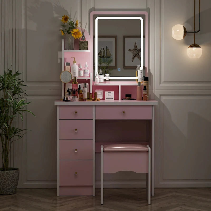 Ensemble coiffeuse avec miroir lumineux, étagères et tiroirs de rangement, blanc - 80 cm (L) x 40 cm (l) x 140 cm (H)