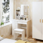 Ensemble coiffeuse avec miroir lumineux, étagères et tiroirs de rangement, blanc - 80 cm (L) x 40 cm (l) x 140 cm (H)