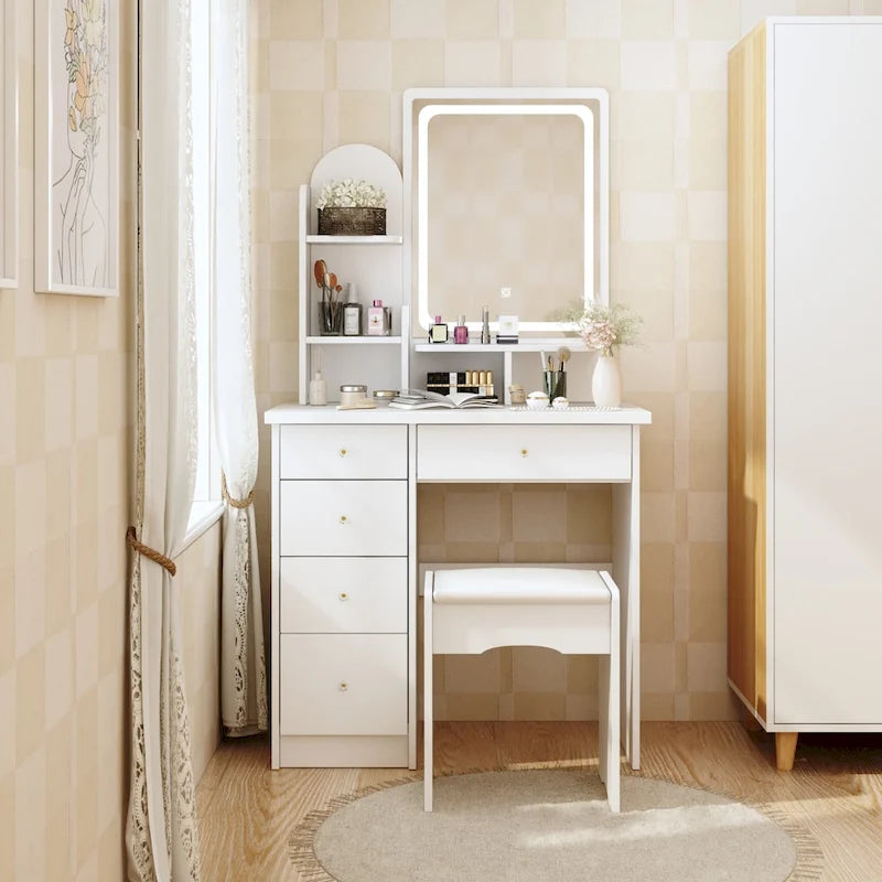 Ensemble coiffeuse avec miroir lumineux, étagères et tiroirs de rangement, blanc - 80 cm (L) x 40 cm (l) x 140 cm (H)
