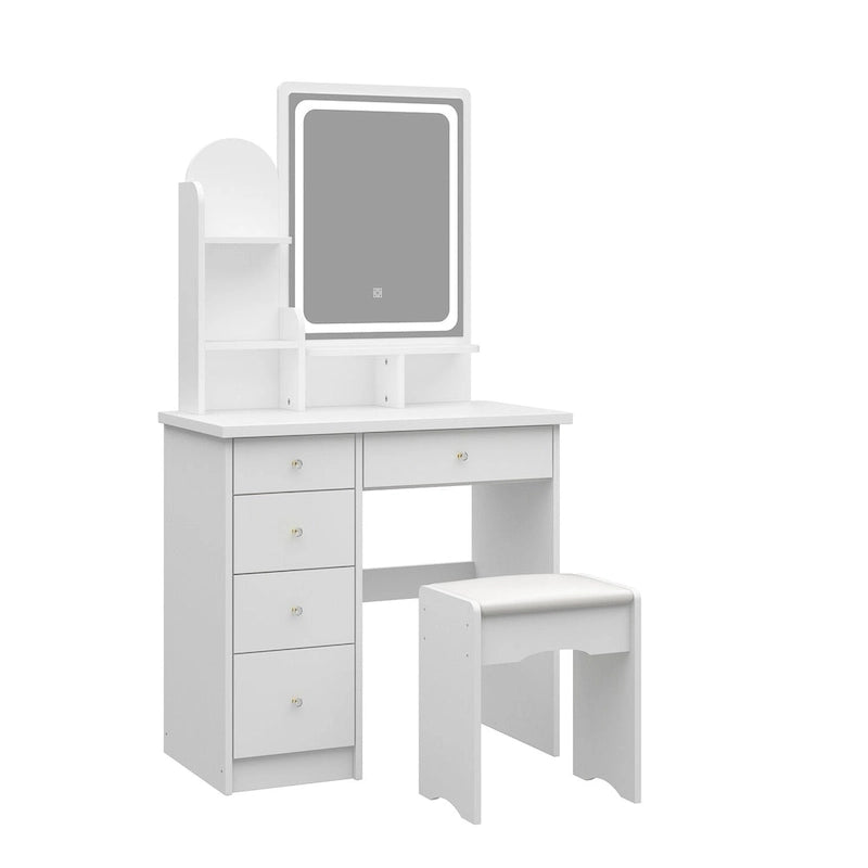 Ensemble coiffeuse avec miroir lumineux, étagères et tiroirs de rangement, blanc - 80 cm (L) x 40 cm (l) x 140 cm (H)