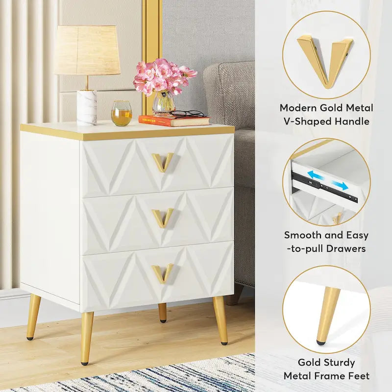 Lot de 2 tables de chevet modernes à 3 tiroirs, blanc et or, avec rangement.