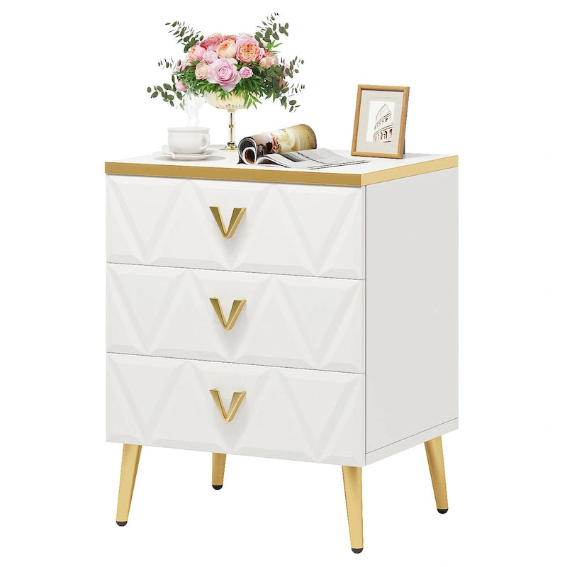 Lot de 2 tables de chevet modernes à 3 tiroirs, blanc et or, avec rangement.