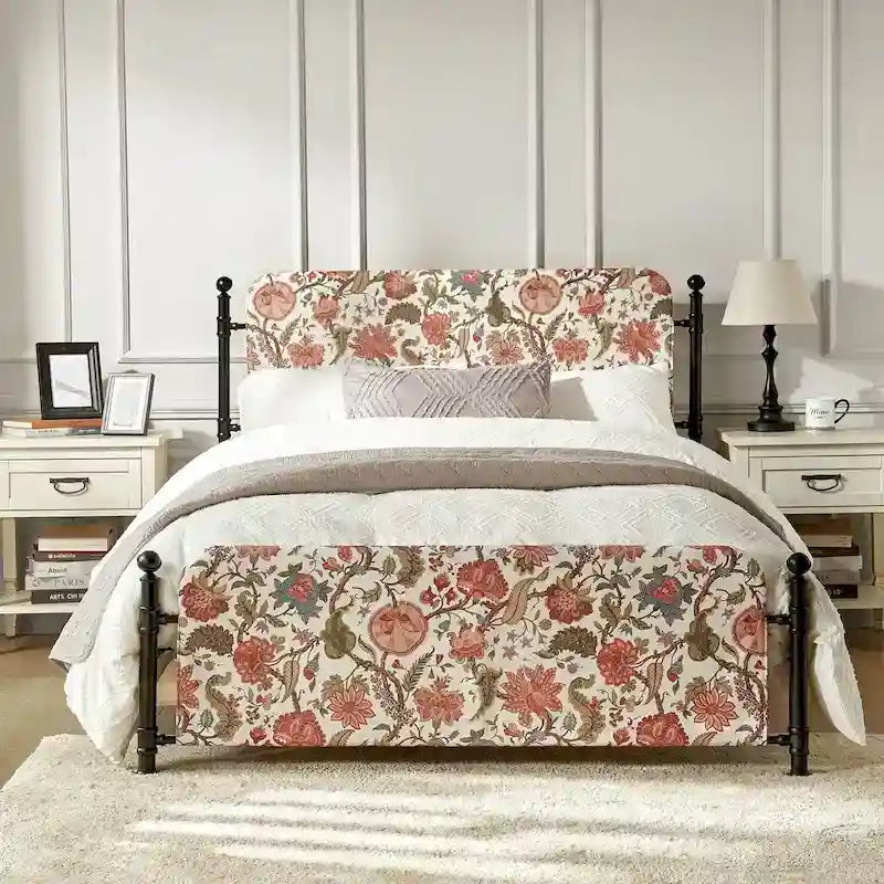 Lit plateforme en métal Diana Transitional 62 à motif floral, avec housse lavable, par HULALA HOME