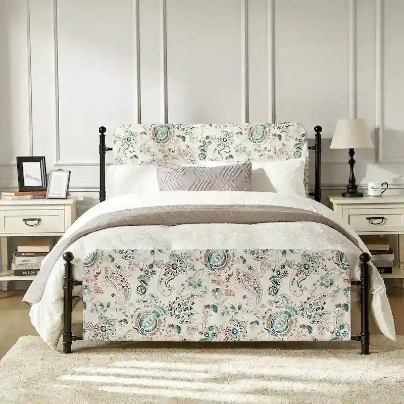 Lit plateforme en métal Diana Transitional 62 à motif floral, avec housse lavable, par HULALA HOME