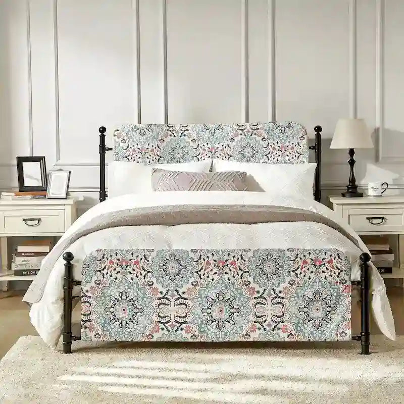 Lit plateforme en métal Diana Transitional 62 à motif floral, avec housse lavable, par HULALA HOME