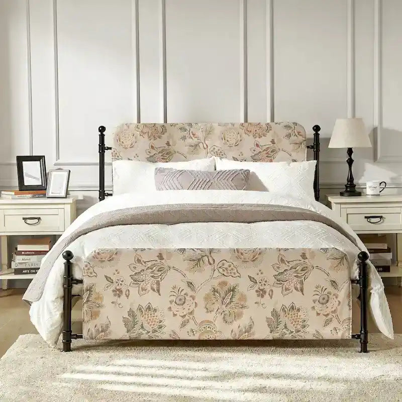 Lit plateforme en métal Diana Transitional 62 à motif floral, avec housse lavable, par HULALA HOME